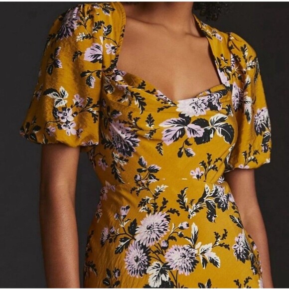 Anthropologie Maeve Midi Dress Size 14 Hi-Low Puff Sleeve Mustard Gold Floral - Picture 11 of 13